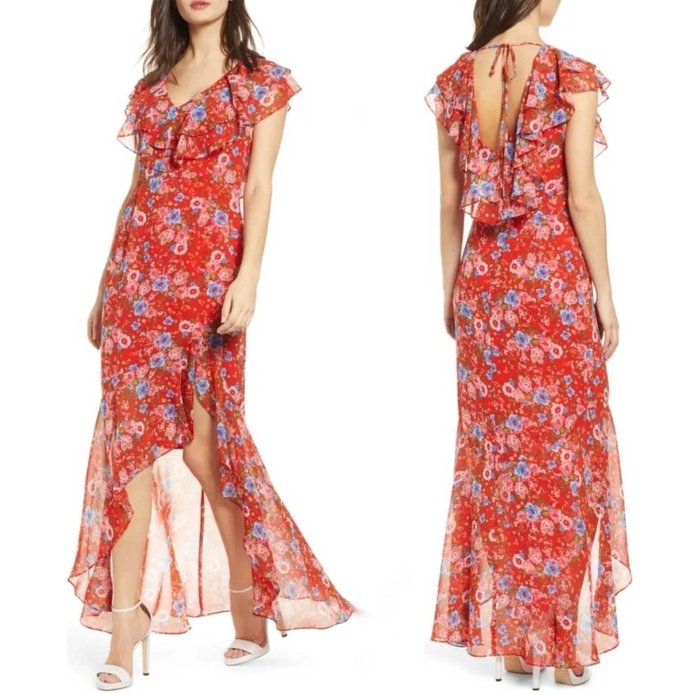 WAYF Floral Ruffle High Low Maxi Dress Red